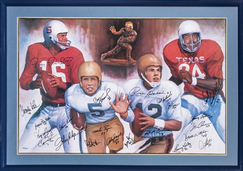 Heisman Trophy Winners Multi Signed Litho With 21 Signatures Including Plunkett, Hornung, and Staubach In 42x30 Framed Display -LE 813/1000 (Beckett)